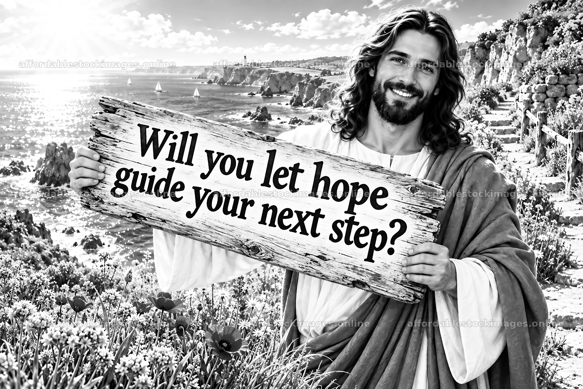 Jesus Christ holding a sign asking about hope and guidance – stock images 9487x6325