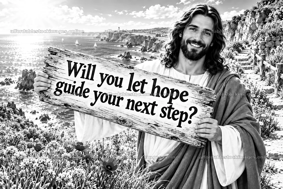 Jesus Christ holding a sign asking about hope and guidance – stock images 9487x6325
