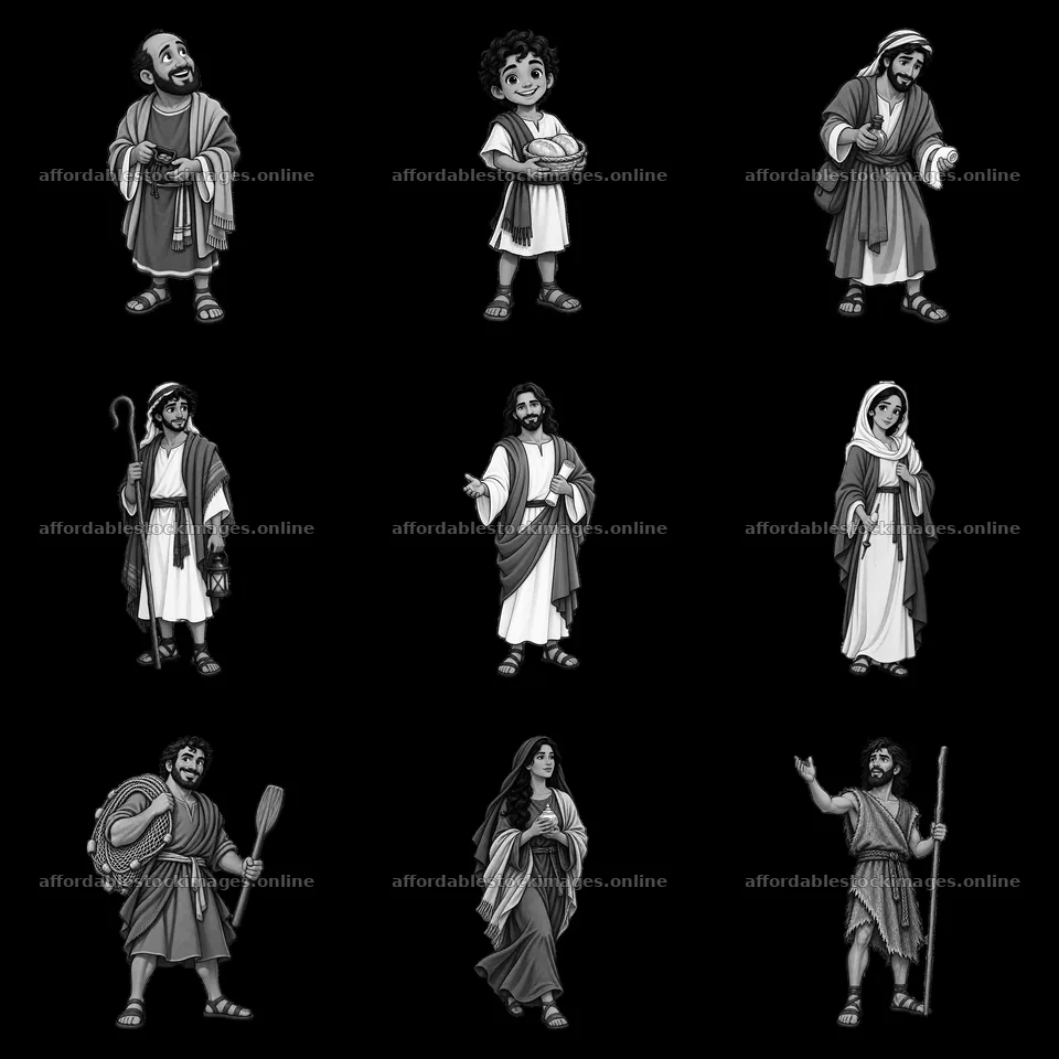 Nine distinct cartoon figures from biblical stories – stock images 7746x7746