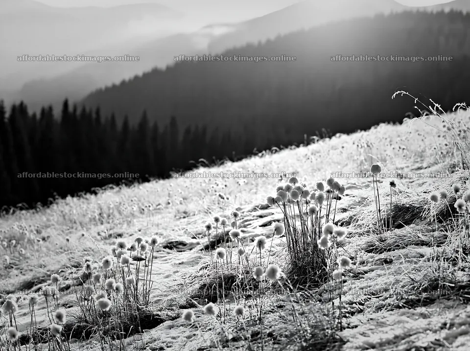 Snowy highland meadow with flowers in black and white – stock images 9174x6866