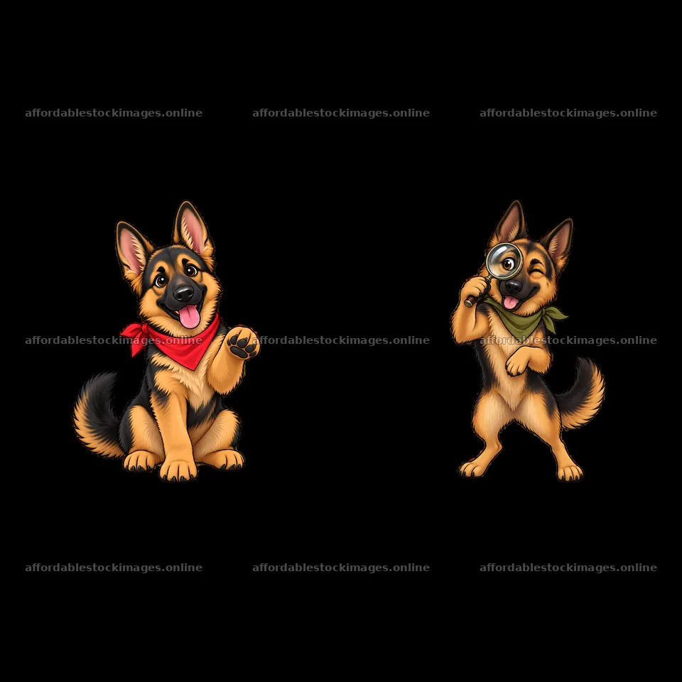 Two happy German Shepherd dogs in playful poses with red – stock images 7746x7746
