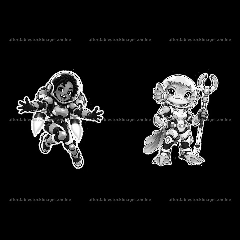 Kawaii futuristic super-soldier duo in action – stock images 7746x7746