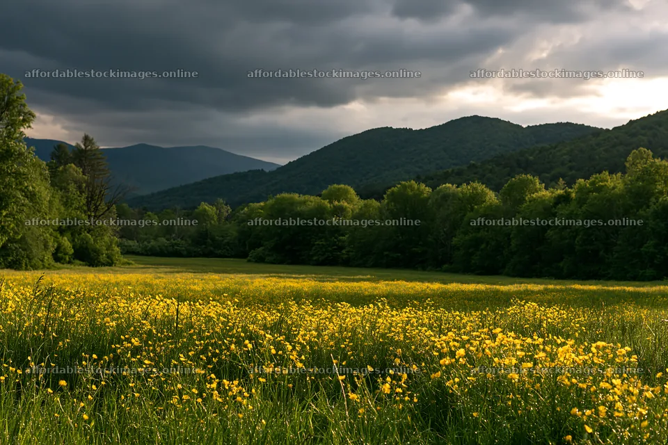 Buttercup meadow with mountains and dark clouds – stock images 9722x6480
