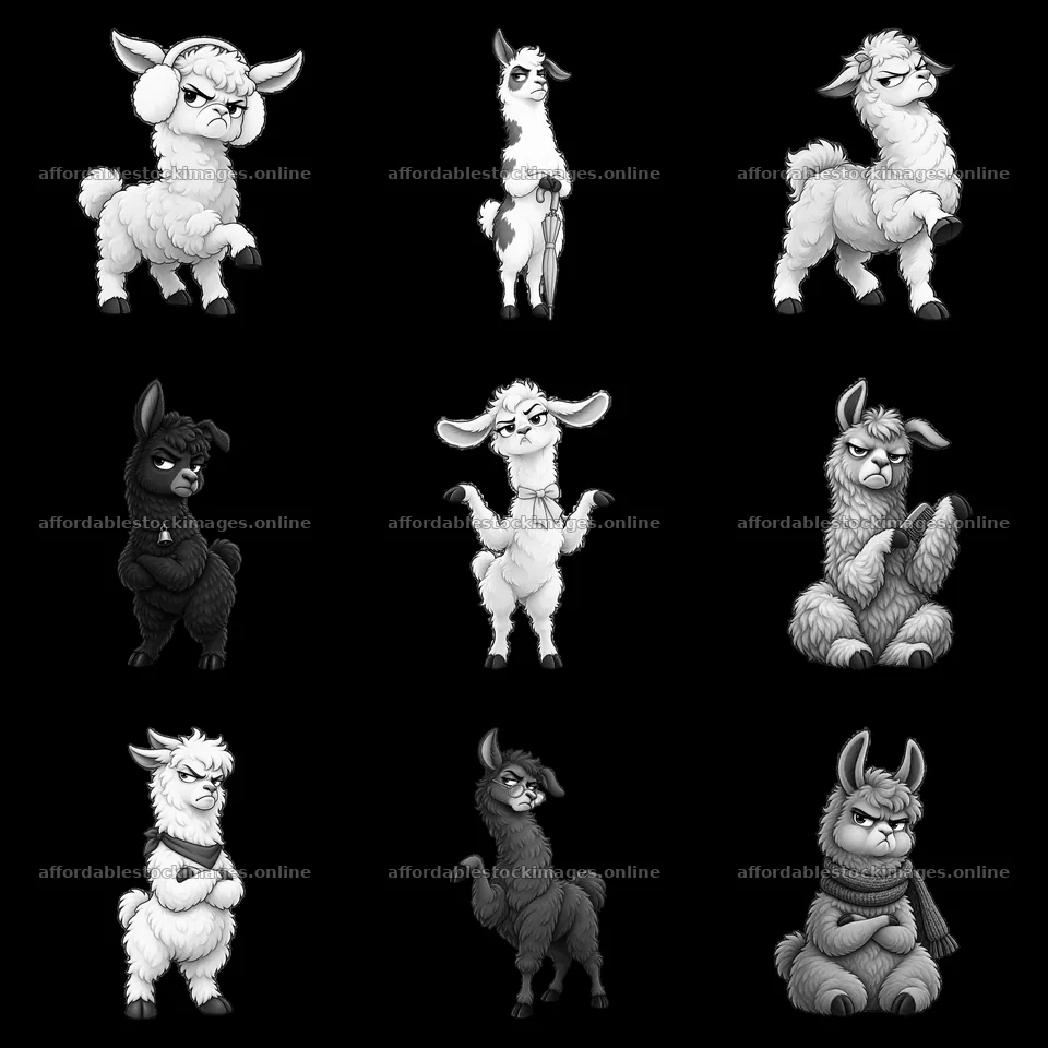 Grumpy llama cartoon stickers in a 3x3 layout – stock images 7746x7746