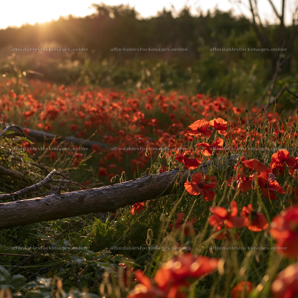 Yamagata rewilded meadow fallen branch and red flowers – stock images 7938x7938