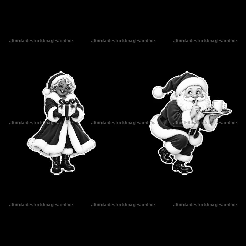Santa and Mrs. Claus sharing gifts and treats in black and white – stock images 7746x7746