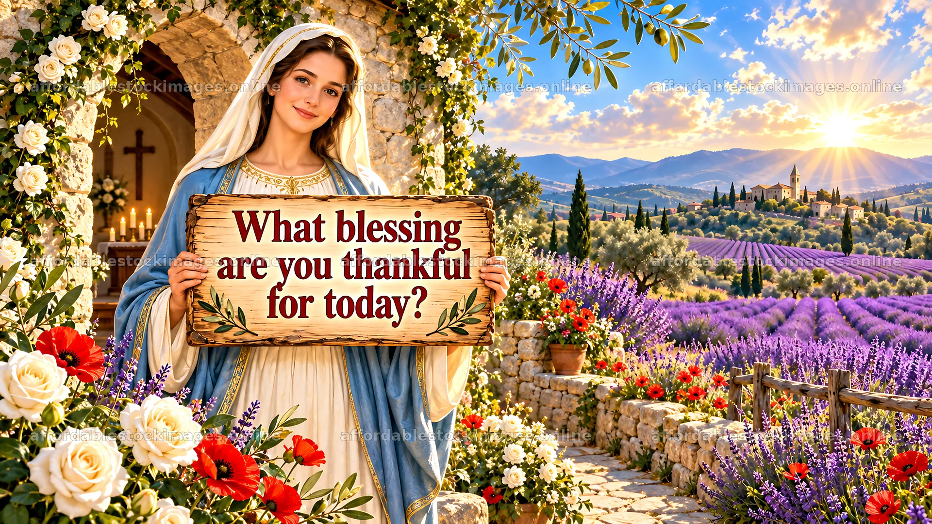 Jesus Christ asking about blessings in a beautiful garden – stock images 10324x5812