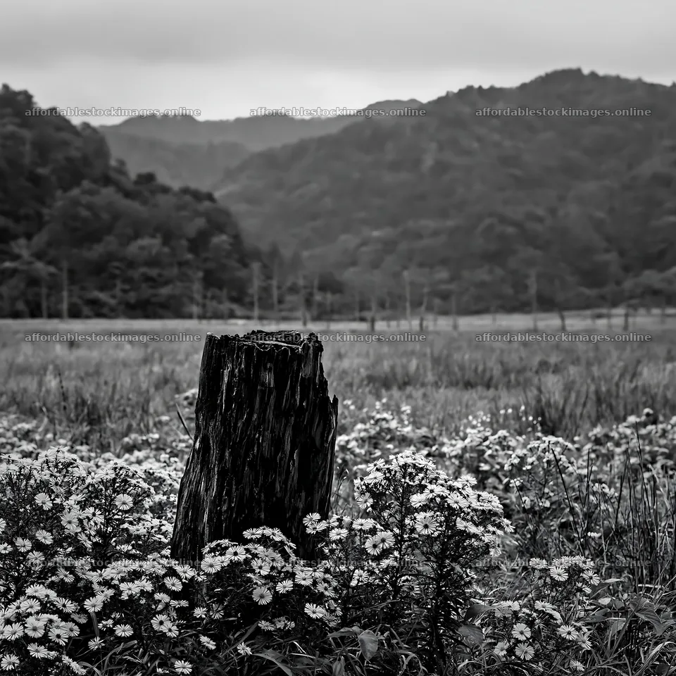 Fukushima native meadow with weathered stump – stock images 7938x7938