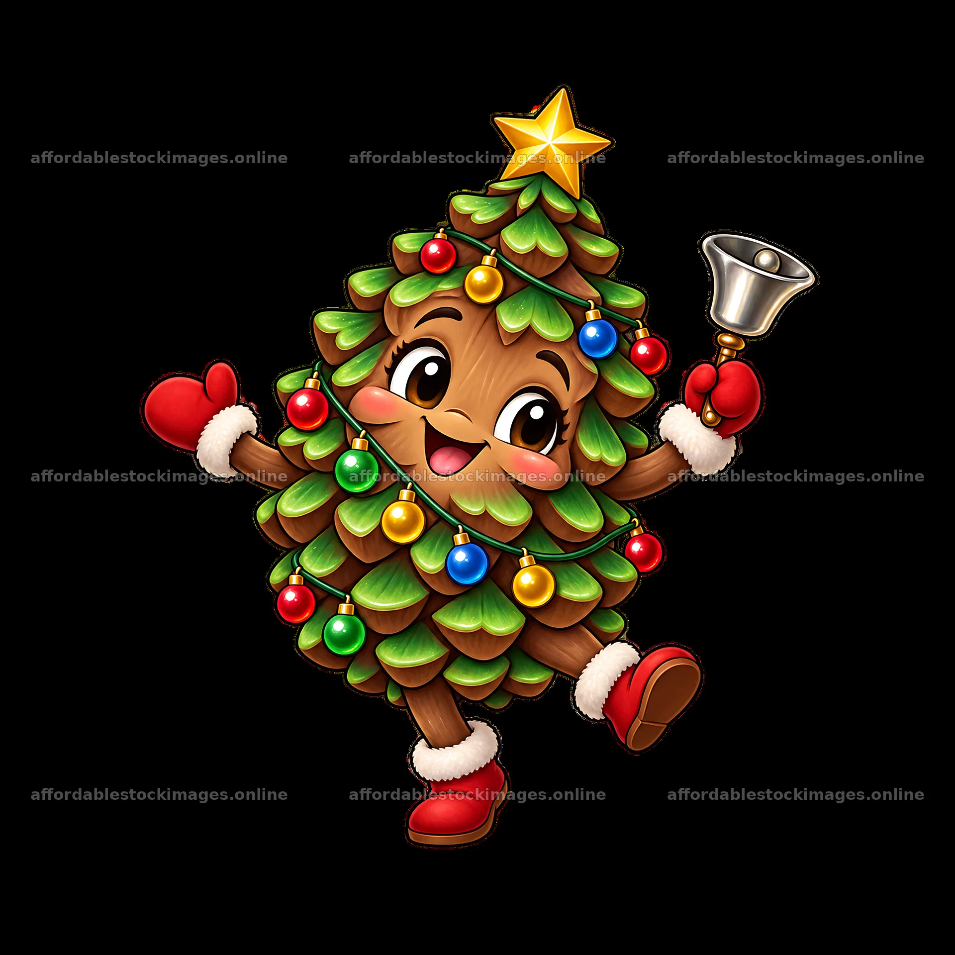 Cute cartoon Christmas tree character with bell – stock images 7746x7746