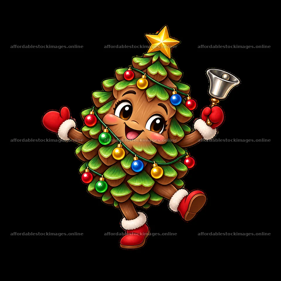 Cute cartoon Christmas tree character with bell – stock images 7746x7746