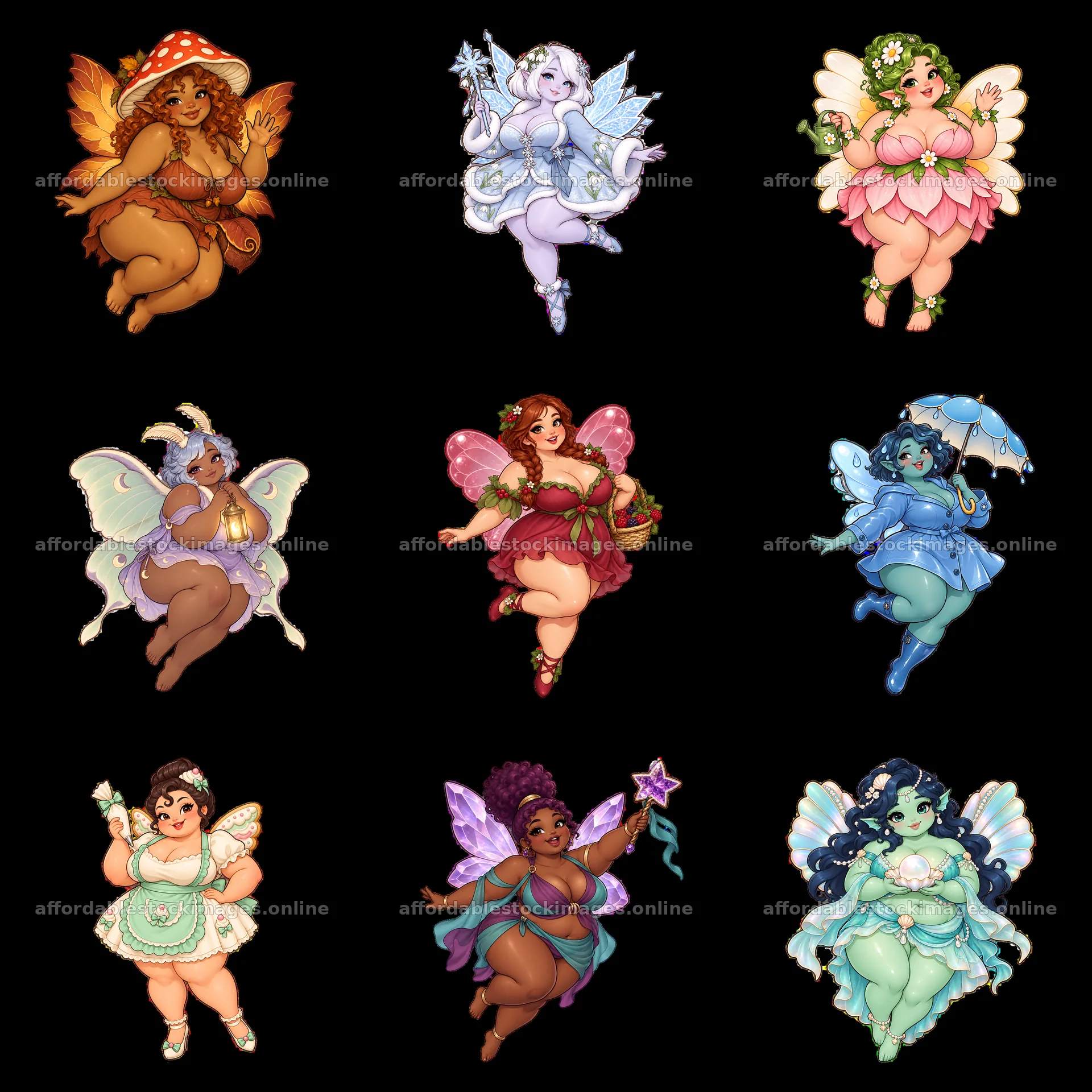 Kawaii ultra-fat fairies in a 3x3 grid with colorful designs – stock images 7746x7746