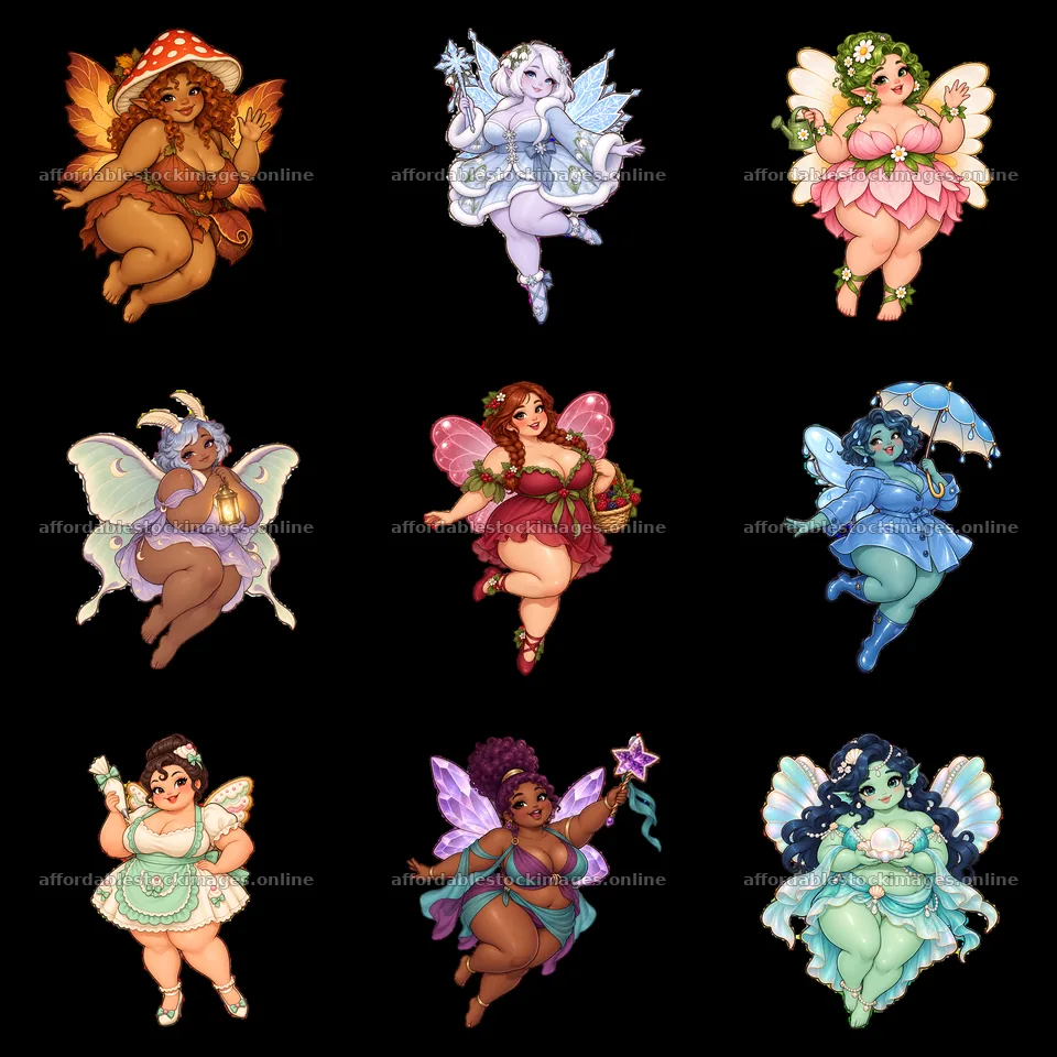 Kawaii ultra-fat fairies in a 3x3 grid with colorful designs – stock images 7746x7746