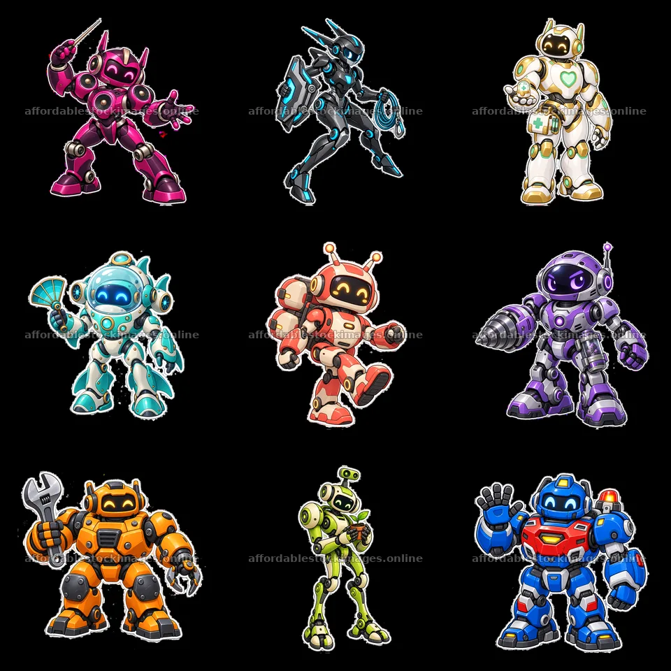 Colorful mech robots in a 3x3 grid layout – stock images 7746x7746