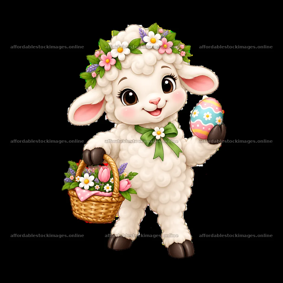 Cute lamb with Easter basket and decorated egg – stock images 7746x7746