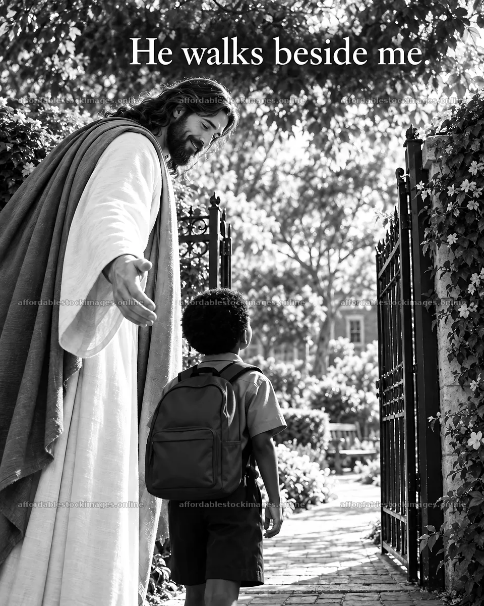 Jesus Christ walks beside a child – stock images 6930x8659