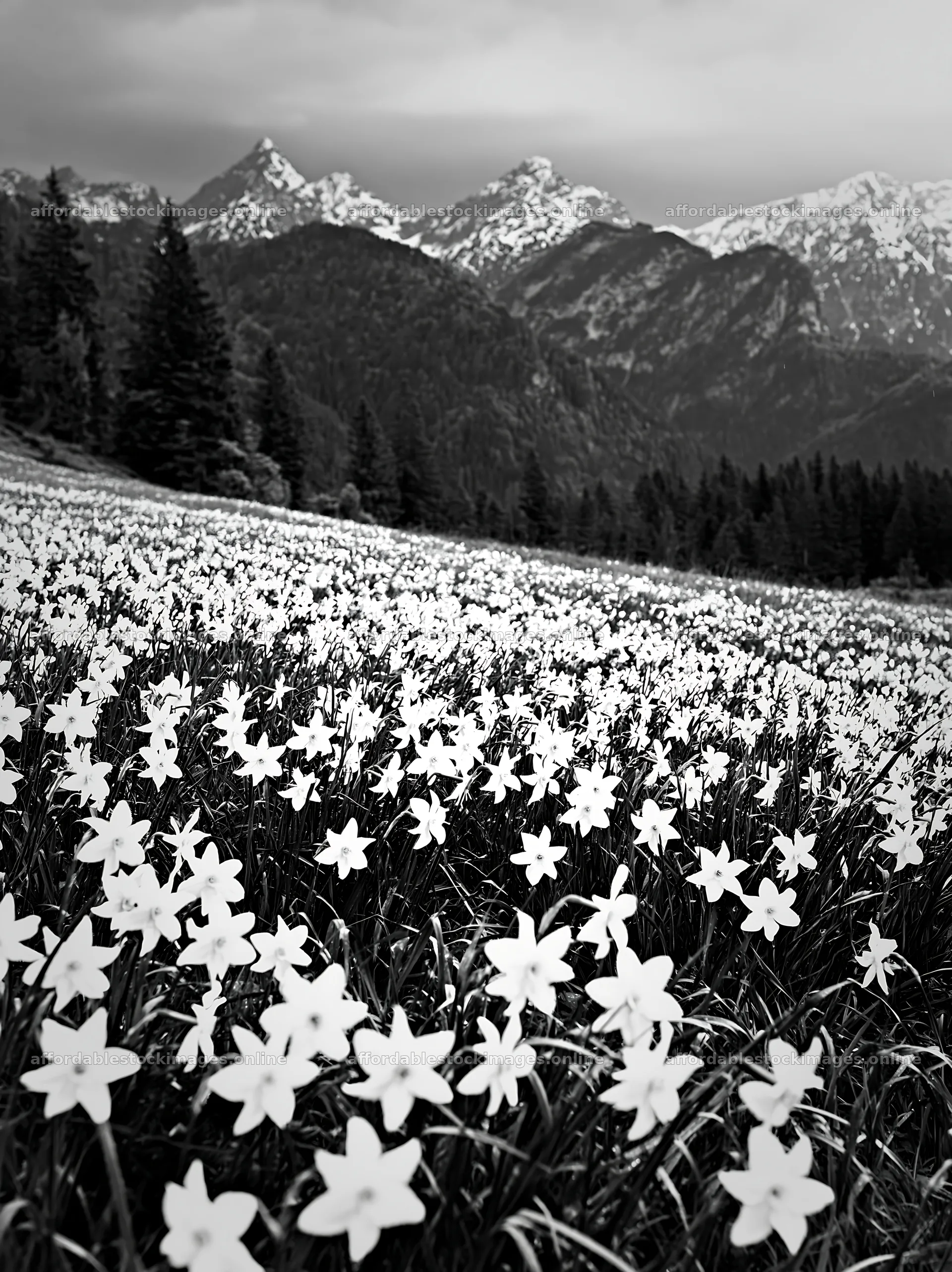 Meadow covered with white flowers and mountains in the – stock images 6866x9174