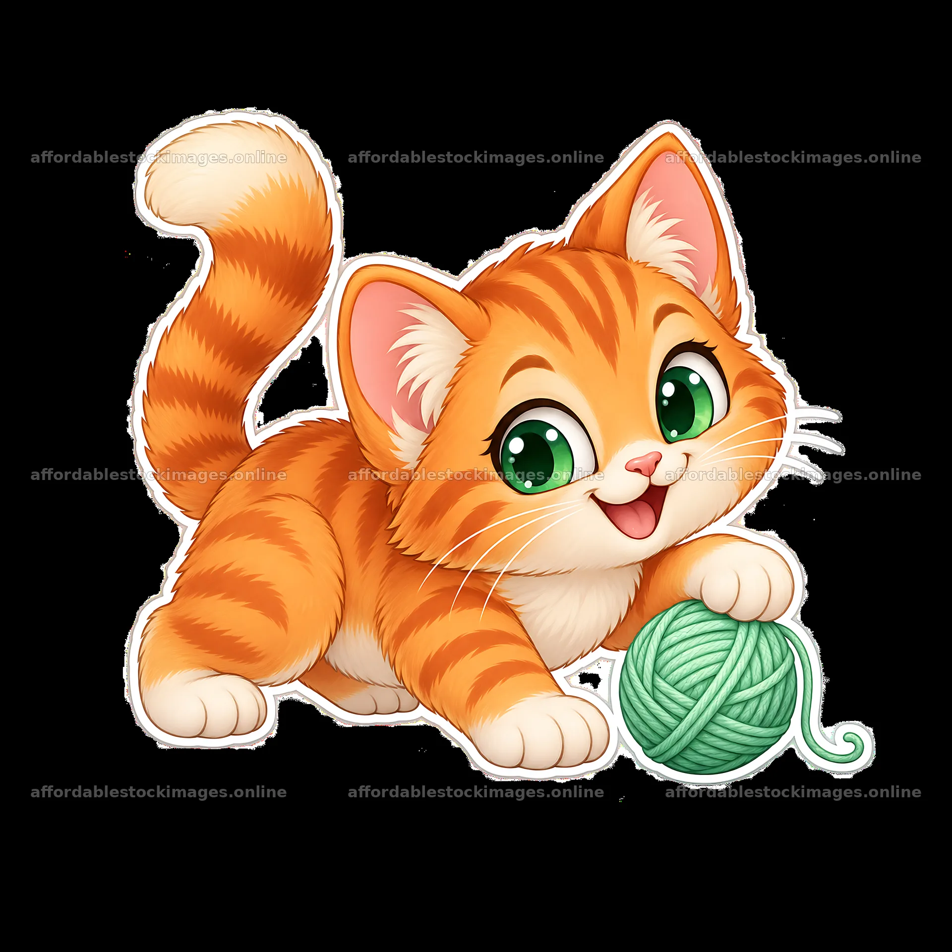 Cute orange tabby cat playing with a green yarn ball – stock images 7746x7746