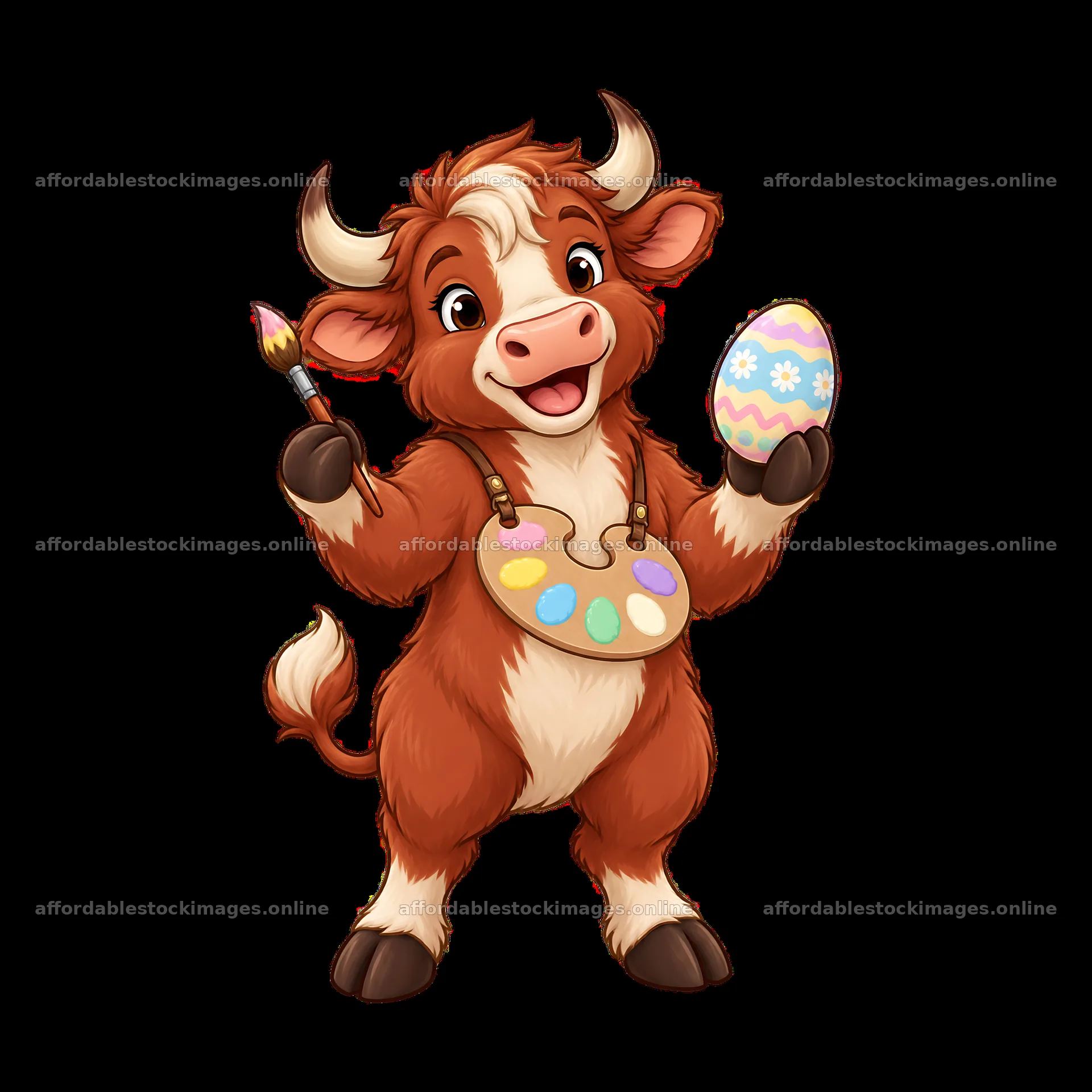 Easter ox paints an egg with a brush and palette – stock images 7746x7746