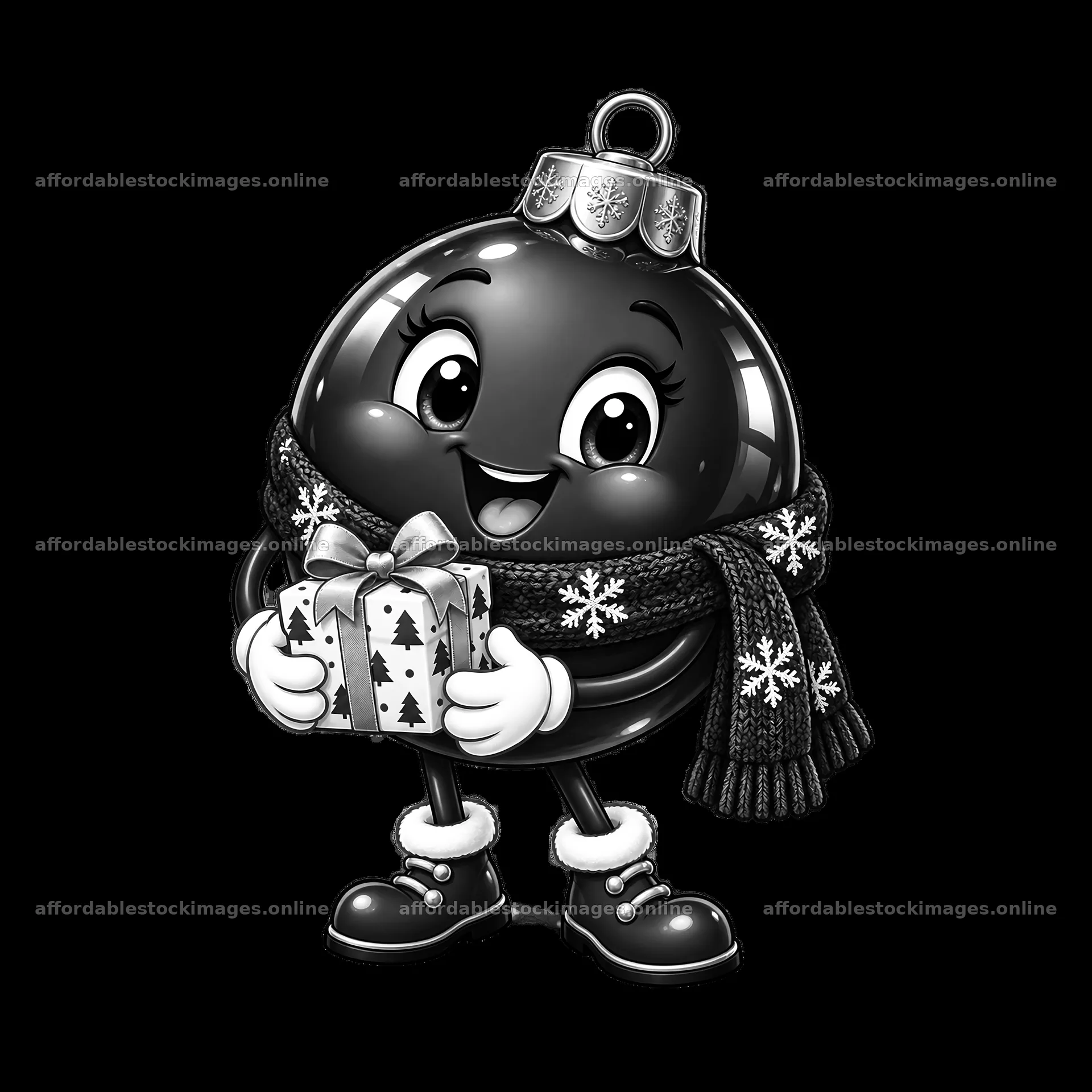 Cartoon ornament character holding a gift in winter attire – stock images 7746x7746