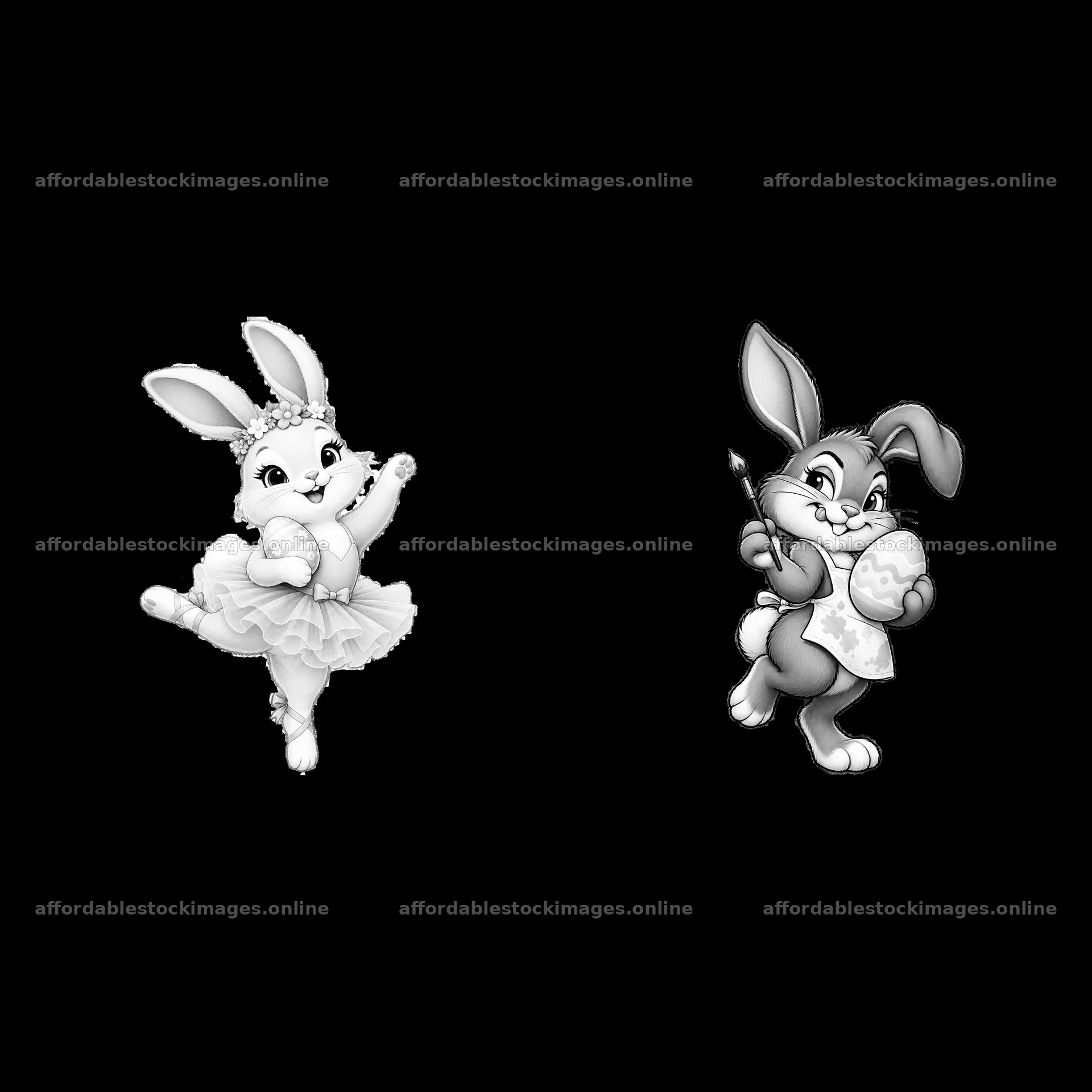 Easter bunnies dancing and painting eggs in black and white – stock images 7746x7746
