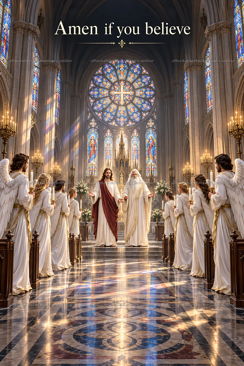 Light through the cathedral shows figures in spiritual setting – stock images 6480x9722