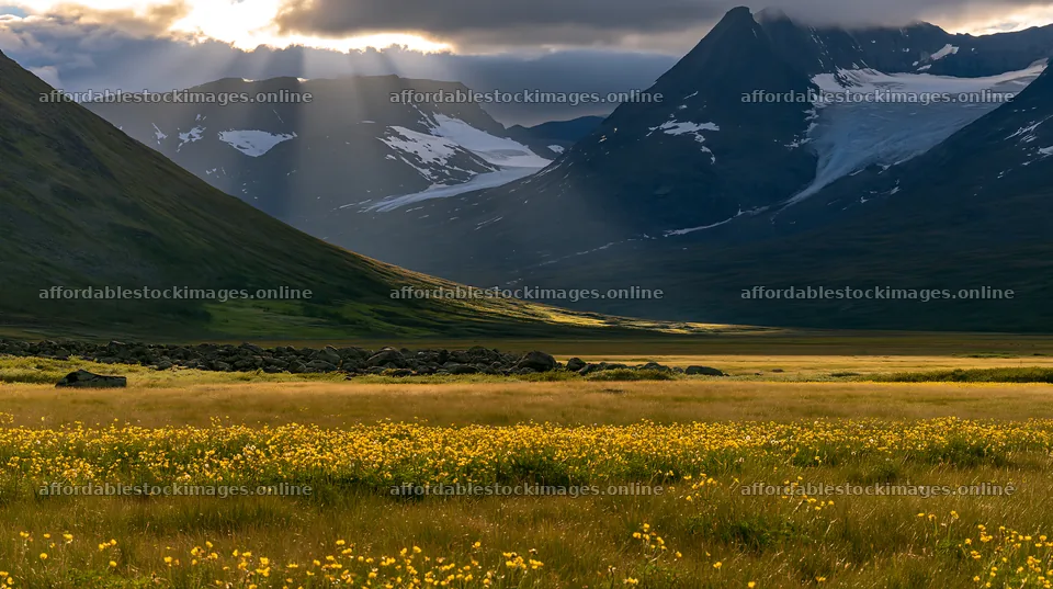 Sunbeams shining down on Jotunheimen valley meadow – stock images 10608x5938