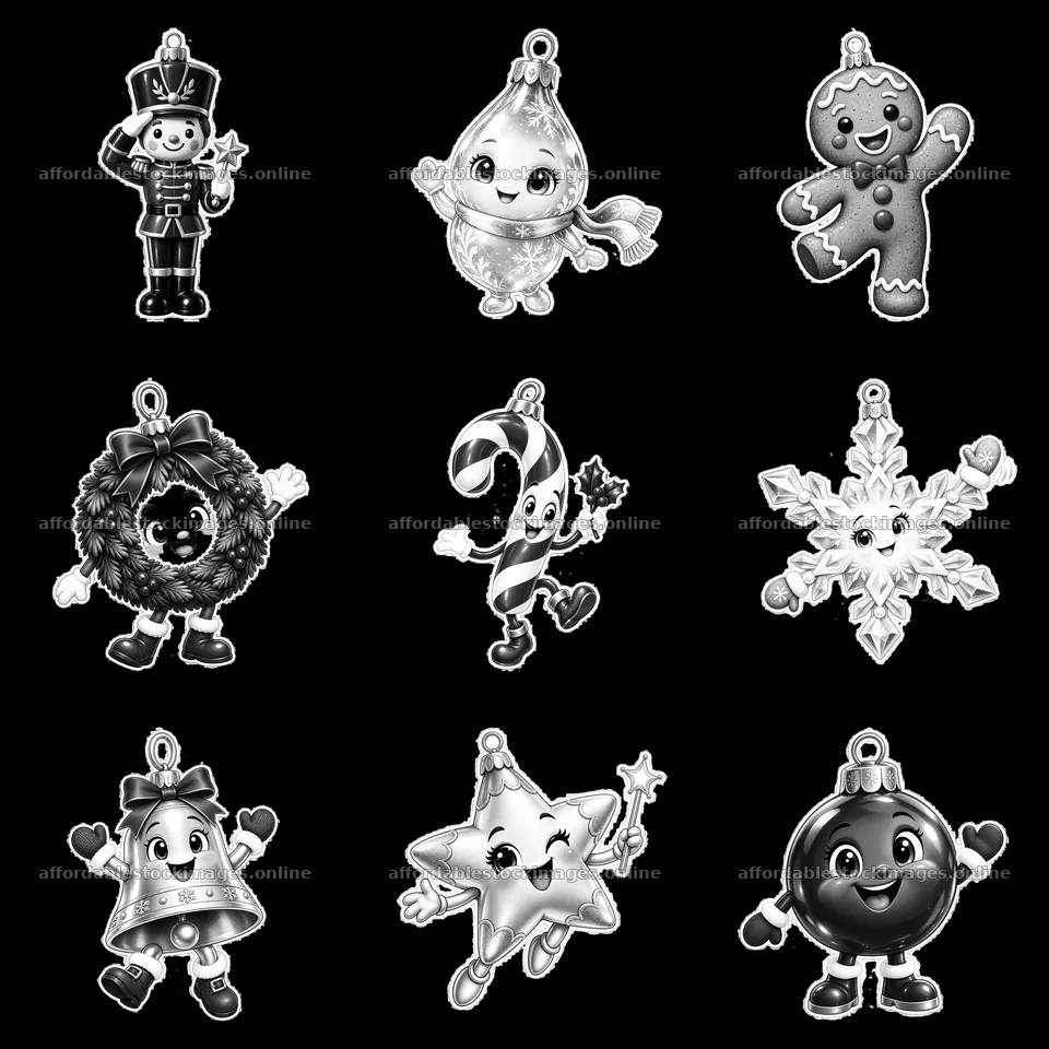 Monochrome nine cartoon figure stickers in a square arrangement – stock images 7746x7746
