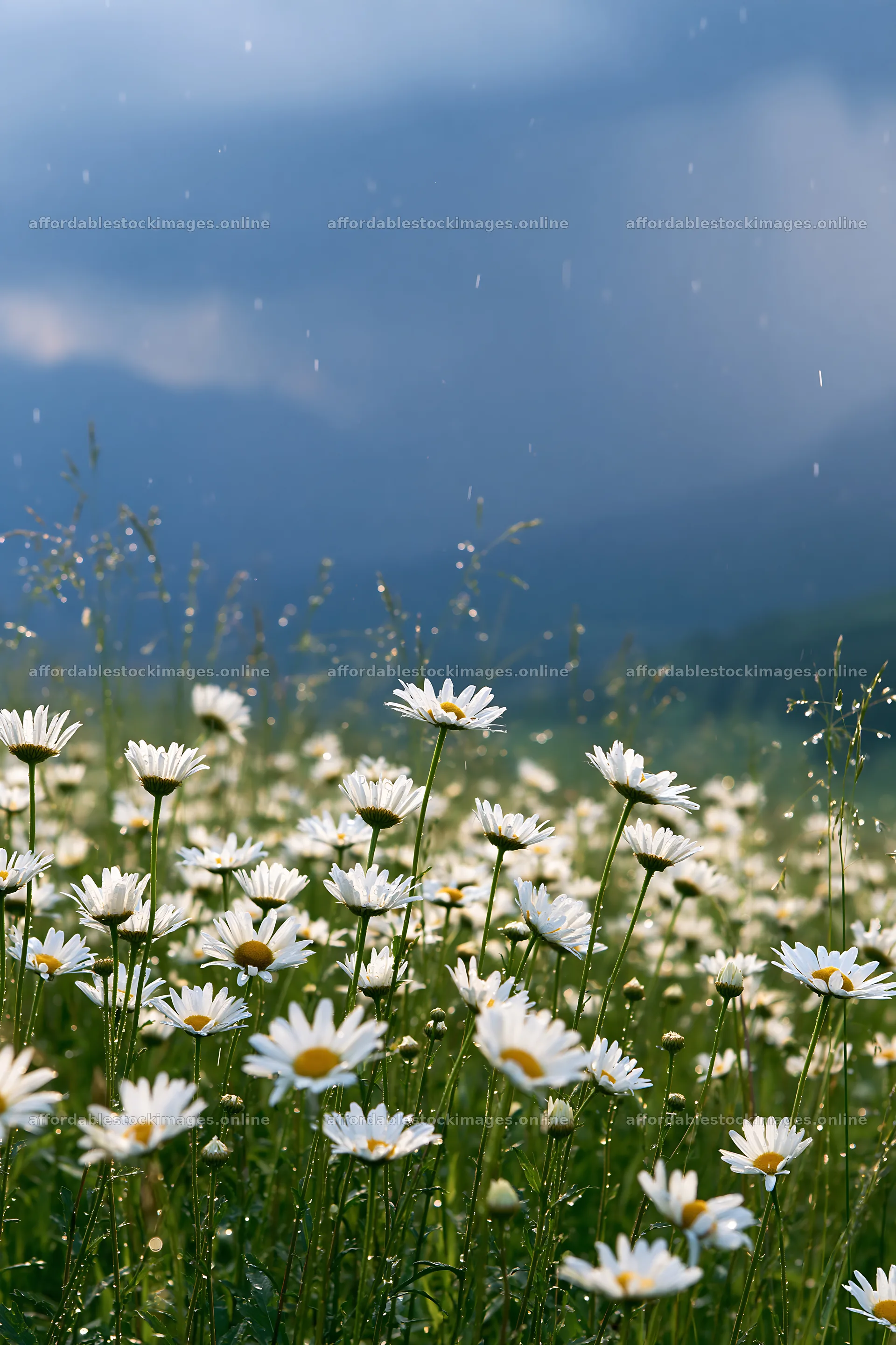 Rainy meadow with white flowers in a valley – stock images 6480x9722