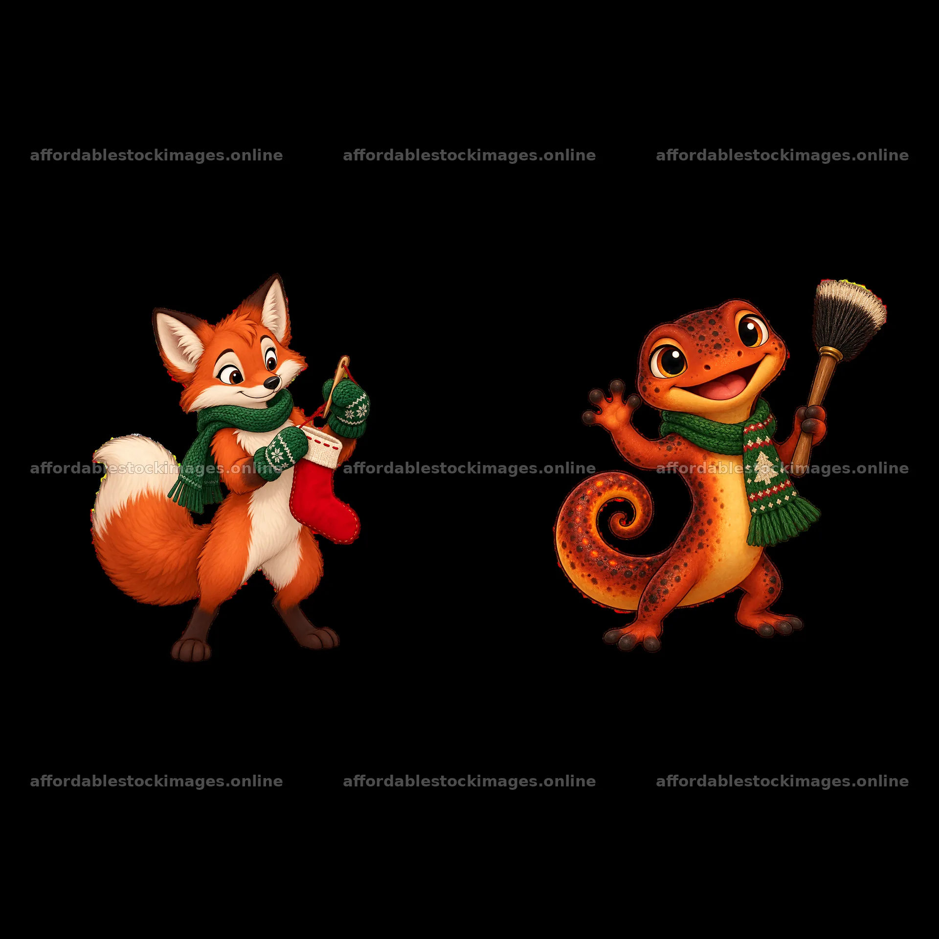 Fox and gecko cartoon characters celebrating Christmas – stock images 7746x7746