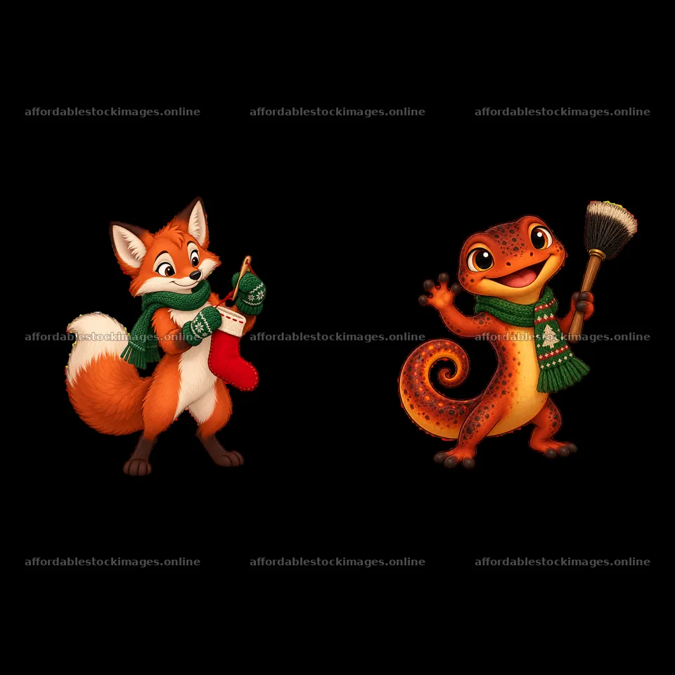 Fox and gecko cartoon characters celebrating Christmas – stock images 7746x7746