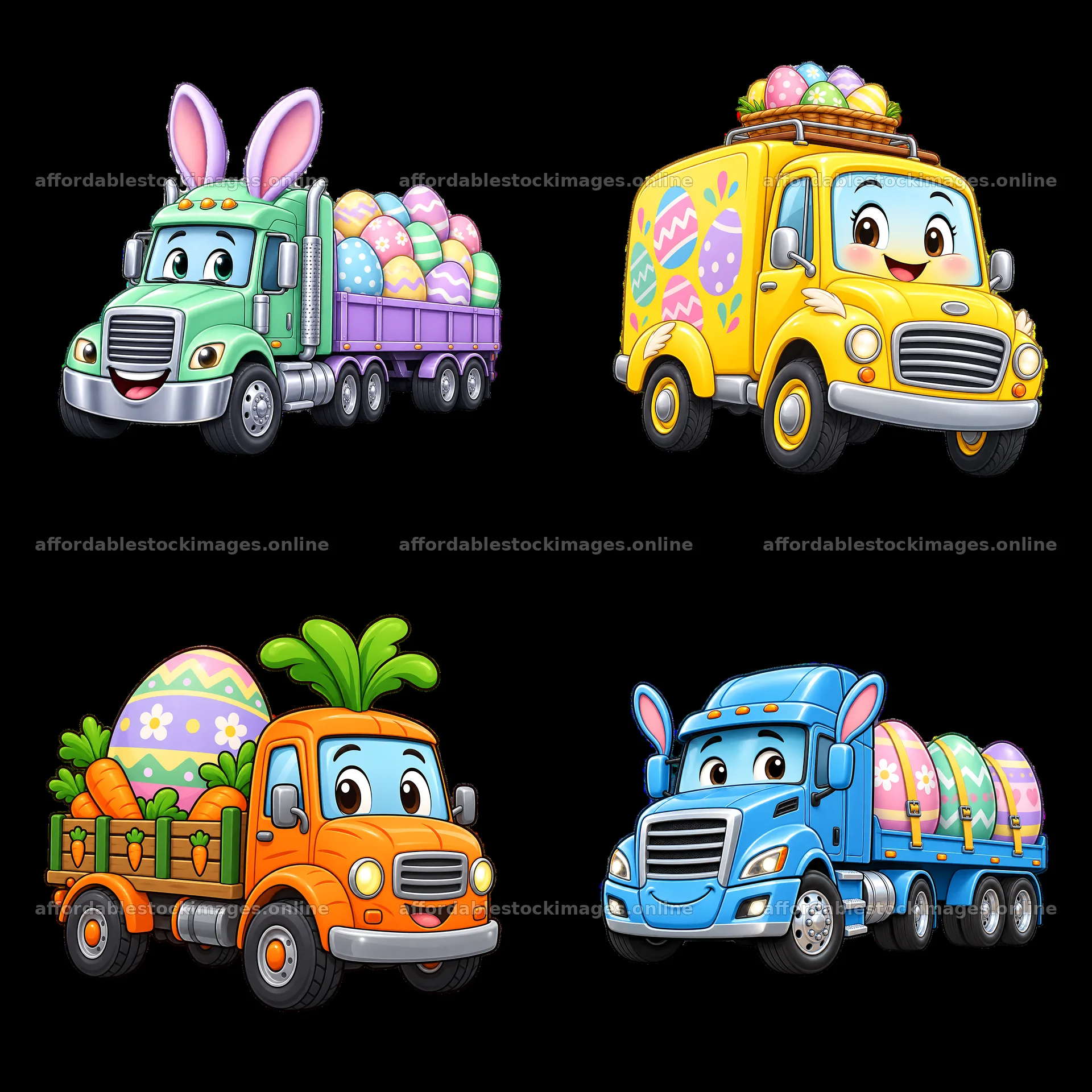 Colorful Easter trucks with characters and decorations – stock images 7746x7746