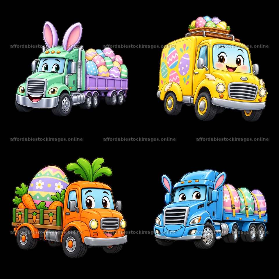Colorful Easter trucks with characters and decorations – stock images 7746x7746