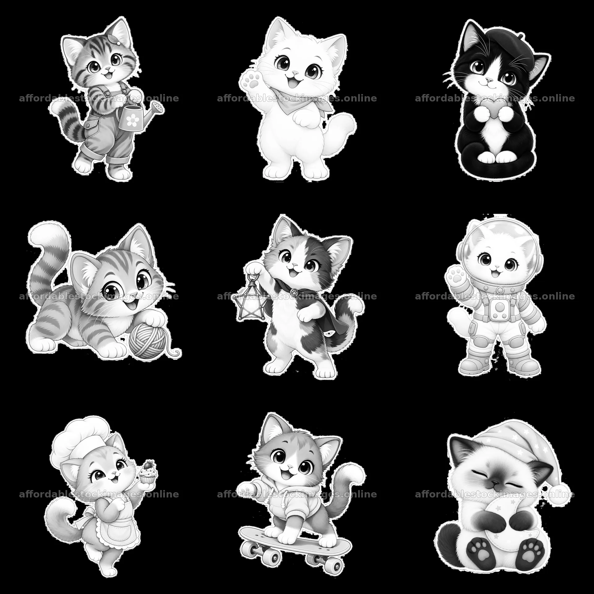 Kawaii cat stickers featuring playful and cute activities – stock images 7746x7746