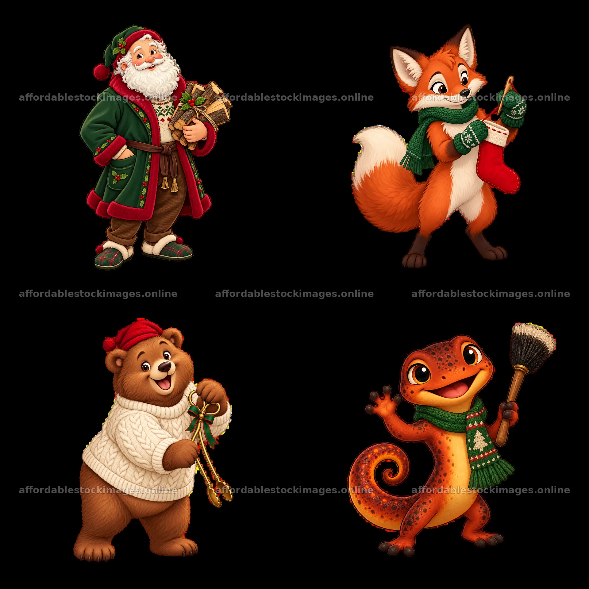 Christmas characters with gifts and decorations in festive scene – stock images 7746x7746