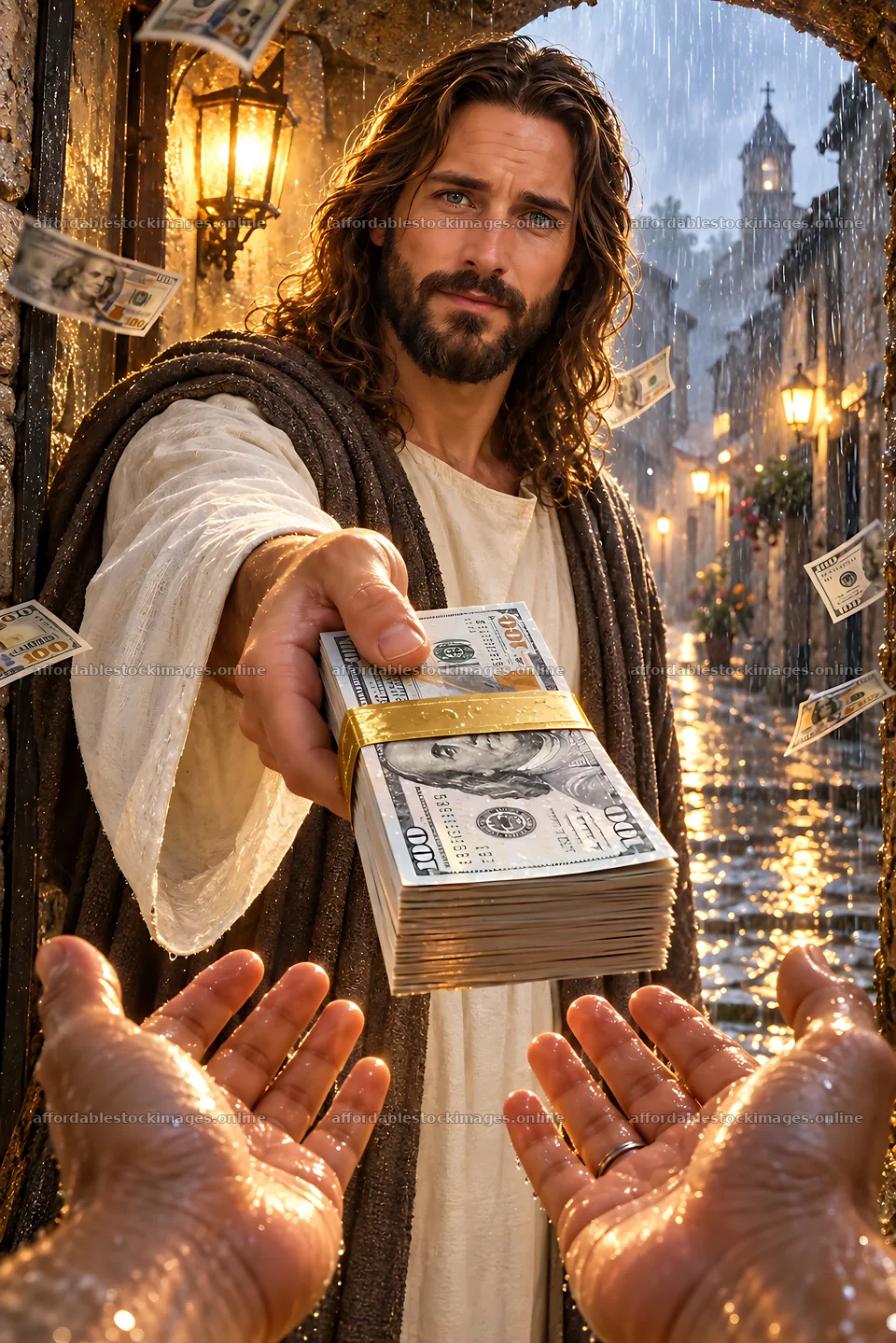 Rainy street scene with a man handing over cash – stock images 6482x9718