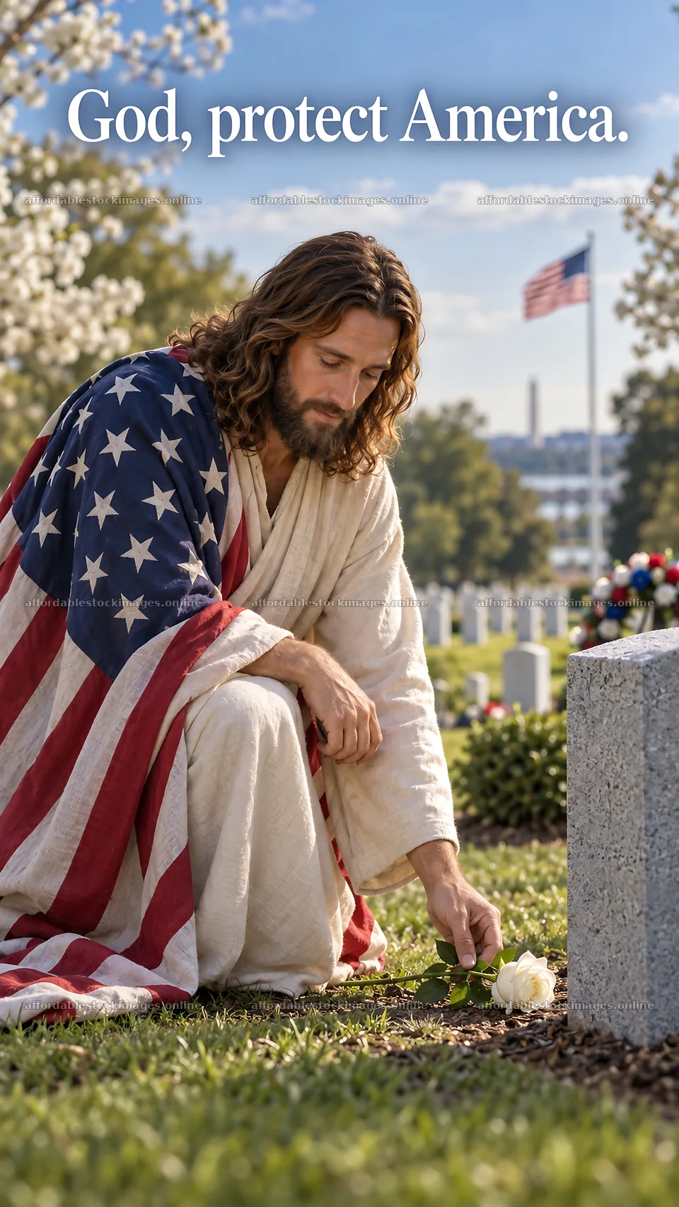 Jesus Christ kneeling at a grave in a cemetery – stock images 5811x10326