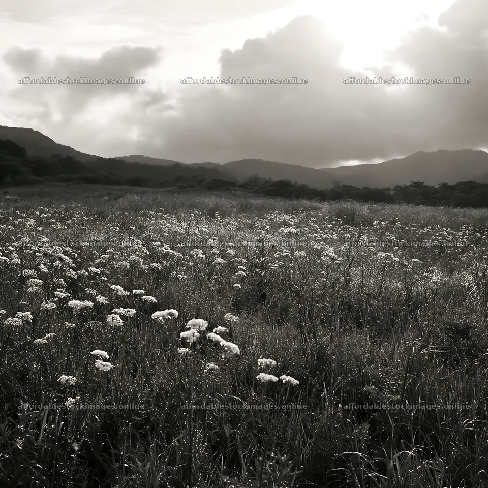 Expansive Hokkaido restoration meadow with dewdrops at dawn – stock images 7938x7938