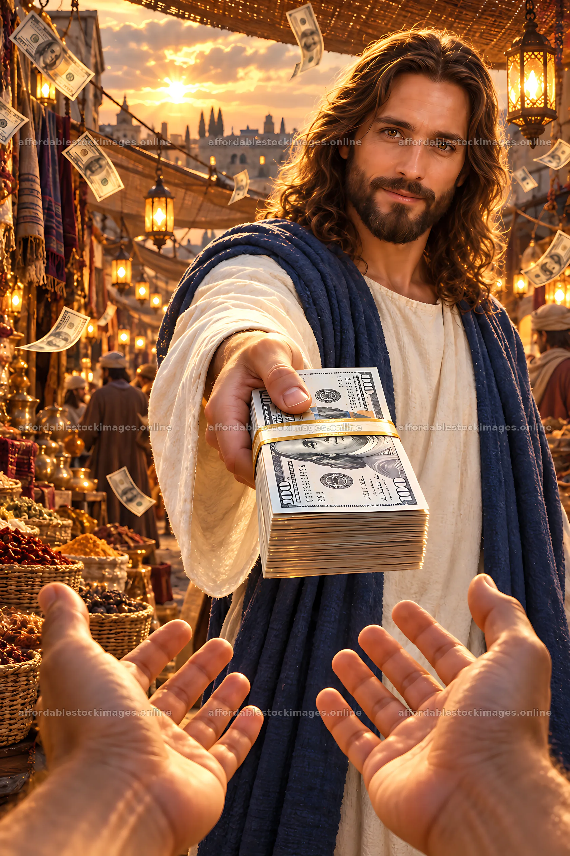 Market scene with a figure offering money to people – stock images 6480x9722
