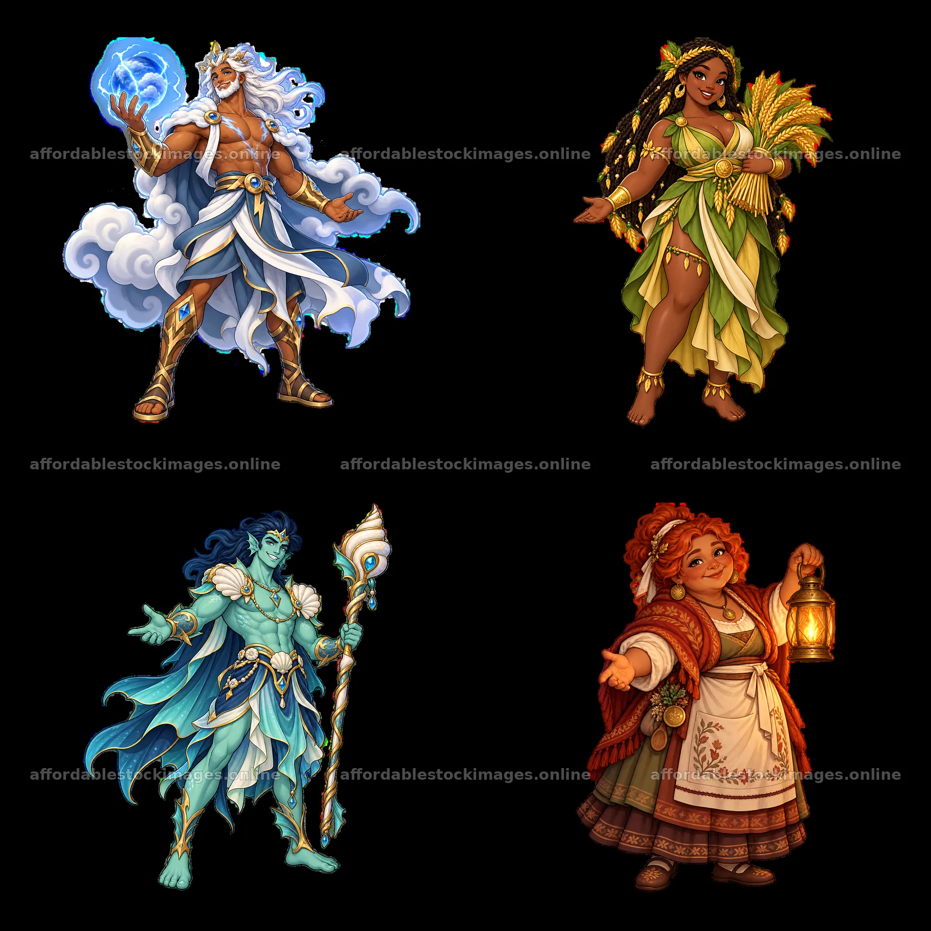 Pagan gods in a 2x2 arrangement with distinct attributes – stock images 7746x7746
