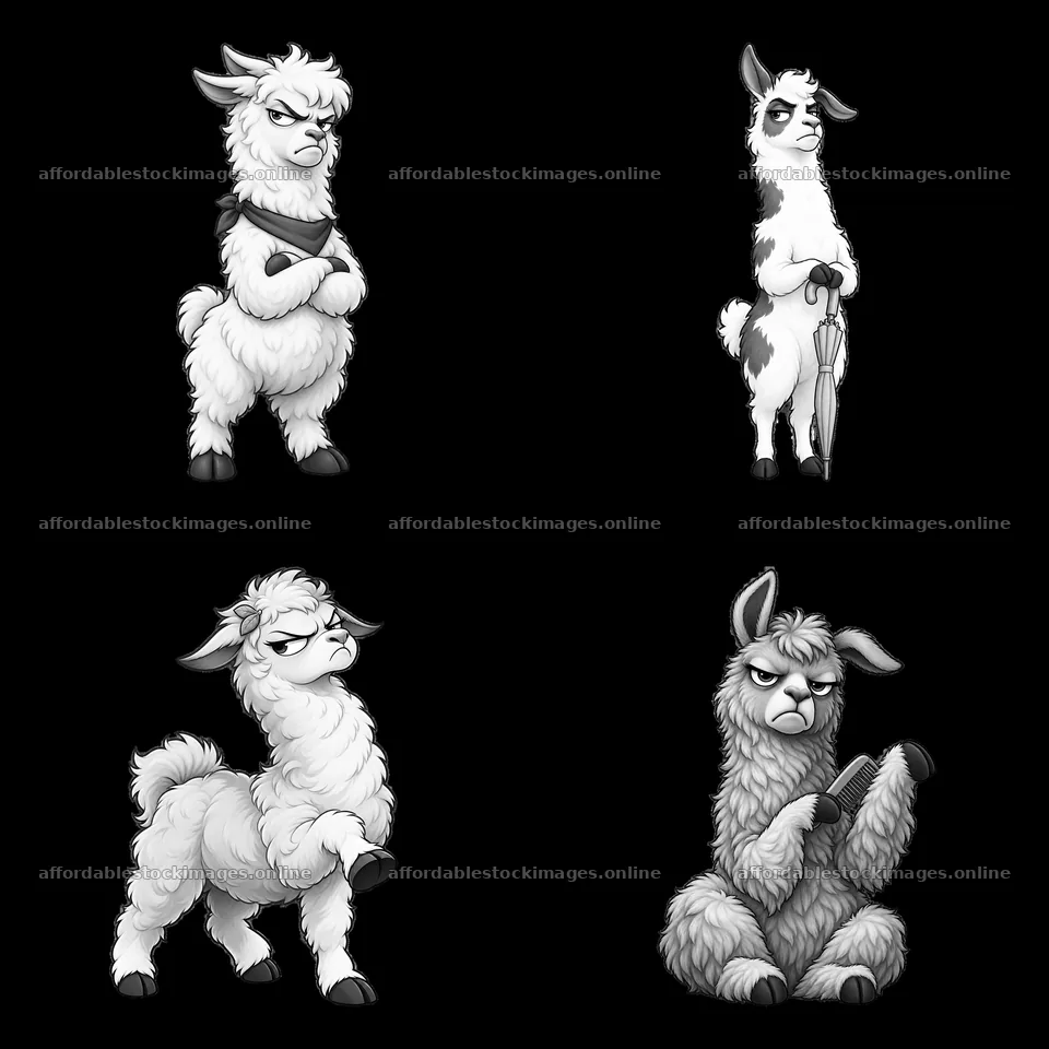 Grumpy llamas in various poses and expressions in monochrome – stock images 7746x7746