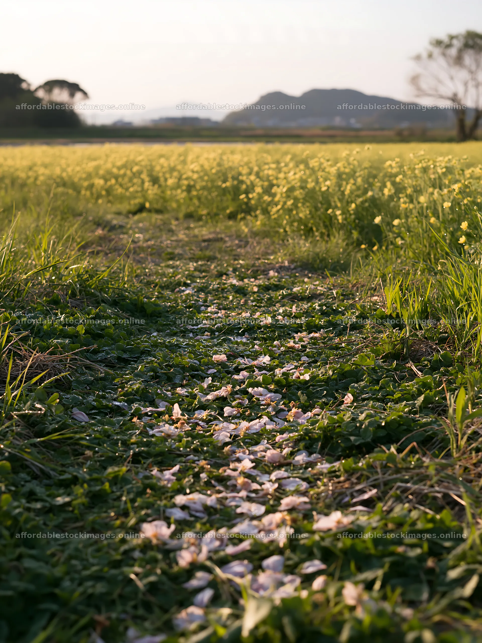 Fukuoka spring meadow with fallen blossoms in foreground – stock images 6866x9174