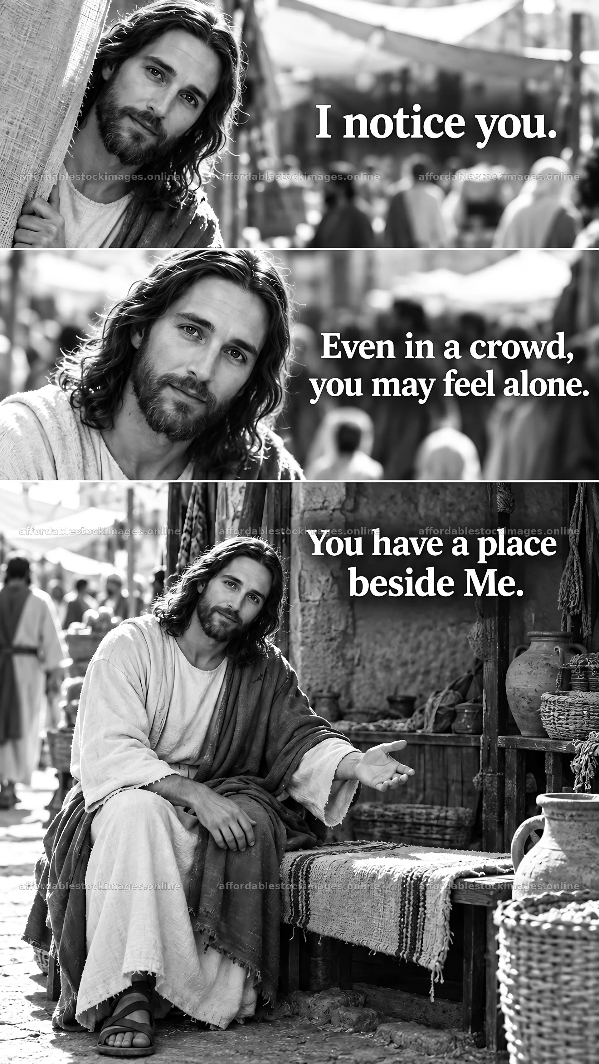 Jesus Christ comforting a person in a busy marketplace – stock images 5811x10326