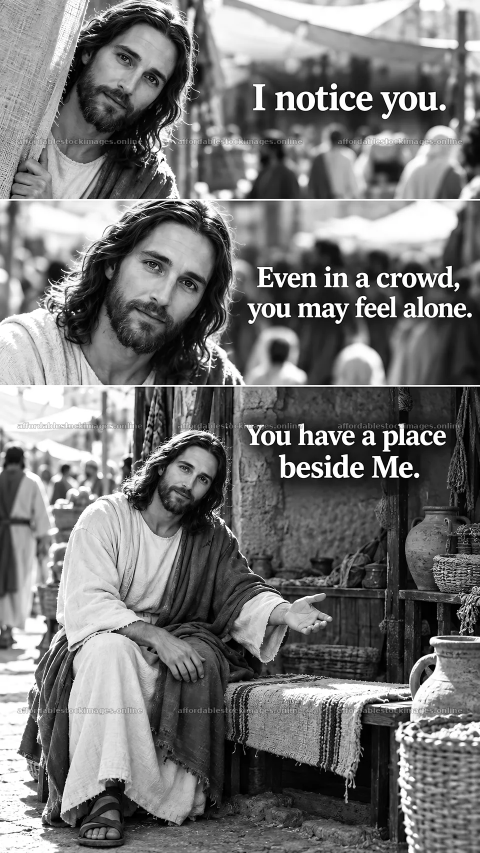 Jesus Christ comforting a person in a busy marketplace – stock images 5811x10326