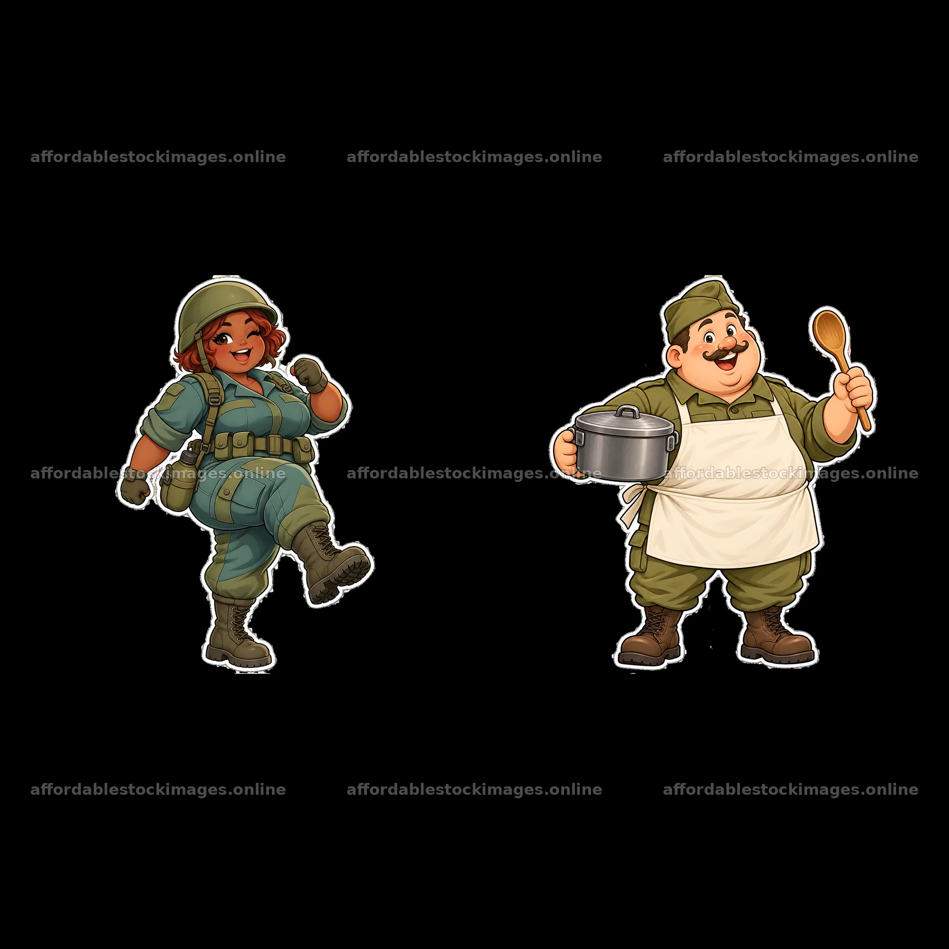 Cute ultra-chubby soldier and cook character cartoon stickers – stock images 7746x7746