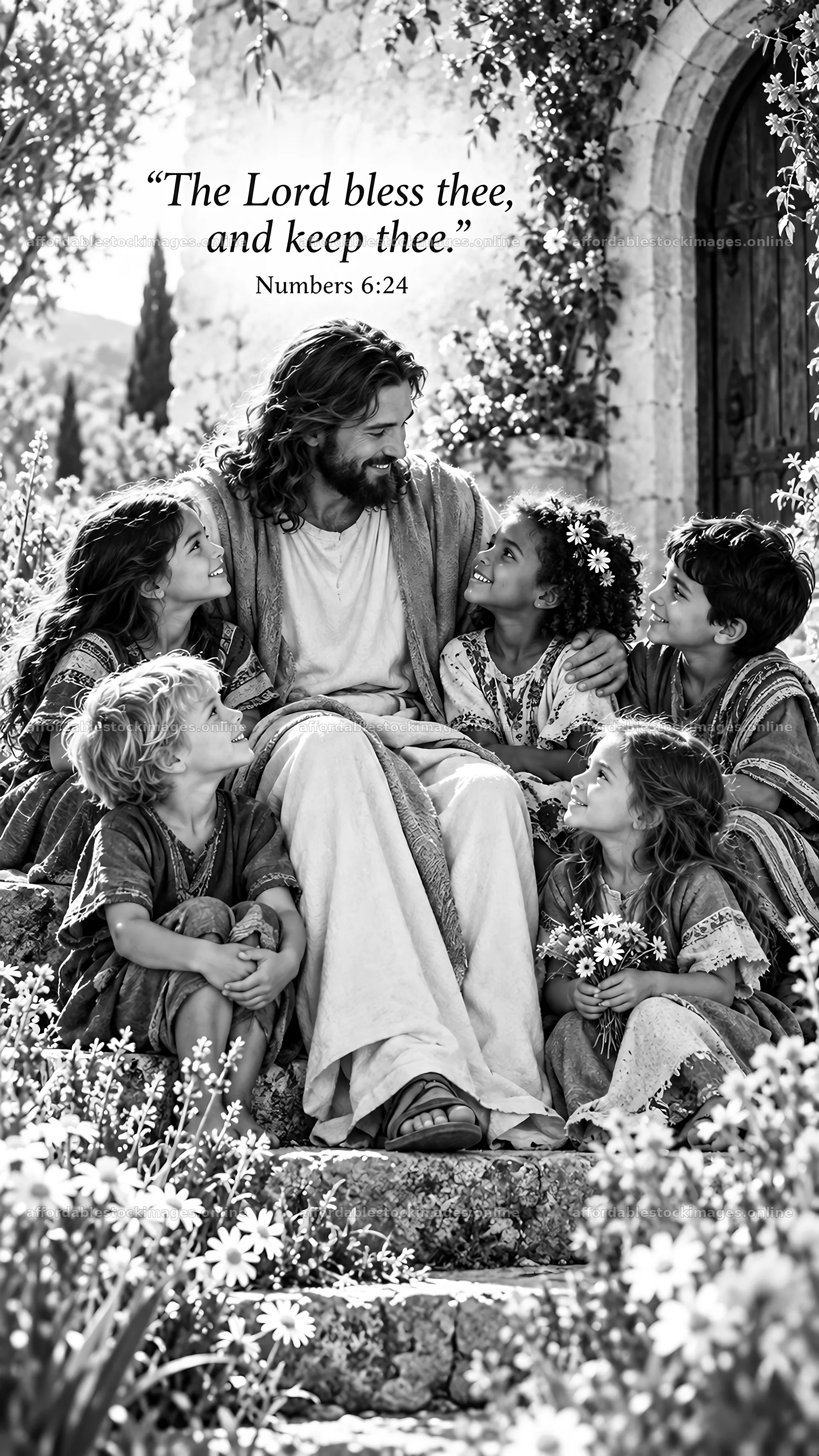 Jesus Christ with children in a outdoor setting – stock images 5811x10326