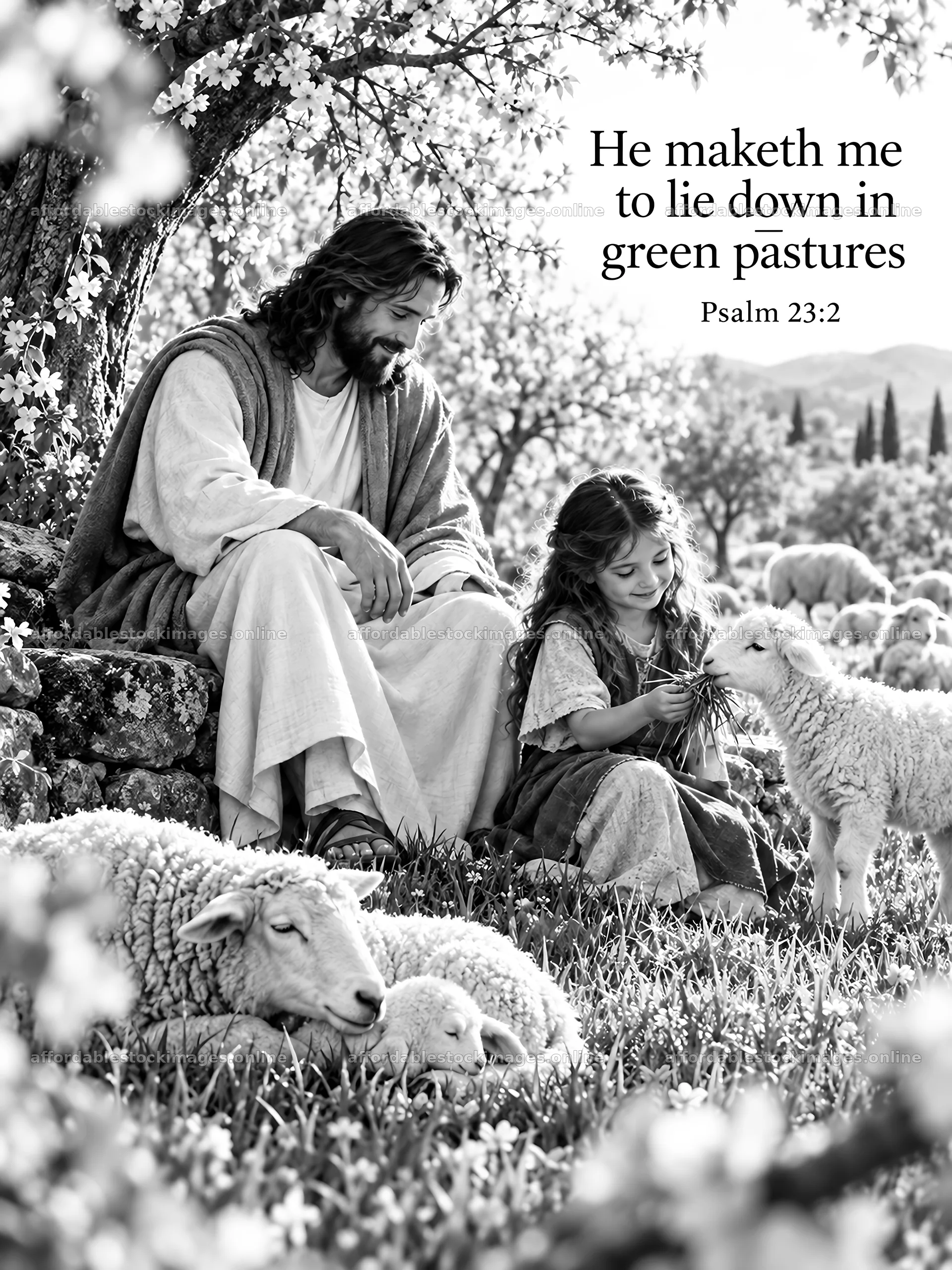 Jesus Christ sits with a child among sheep in green pastures – stock images 6708x8945