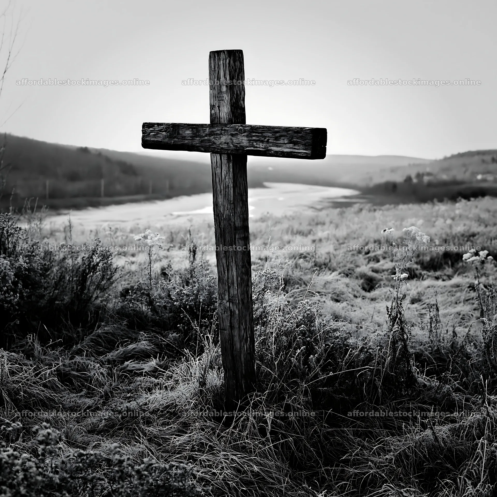 Christian cross on frost covered meadow in black and white – stock images 7938x7938