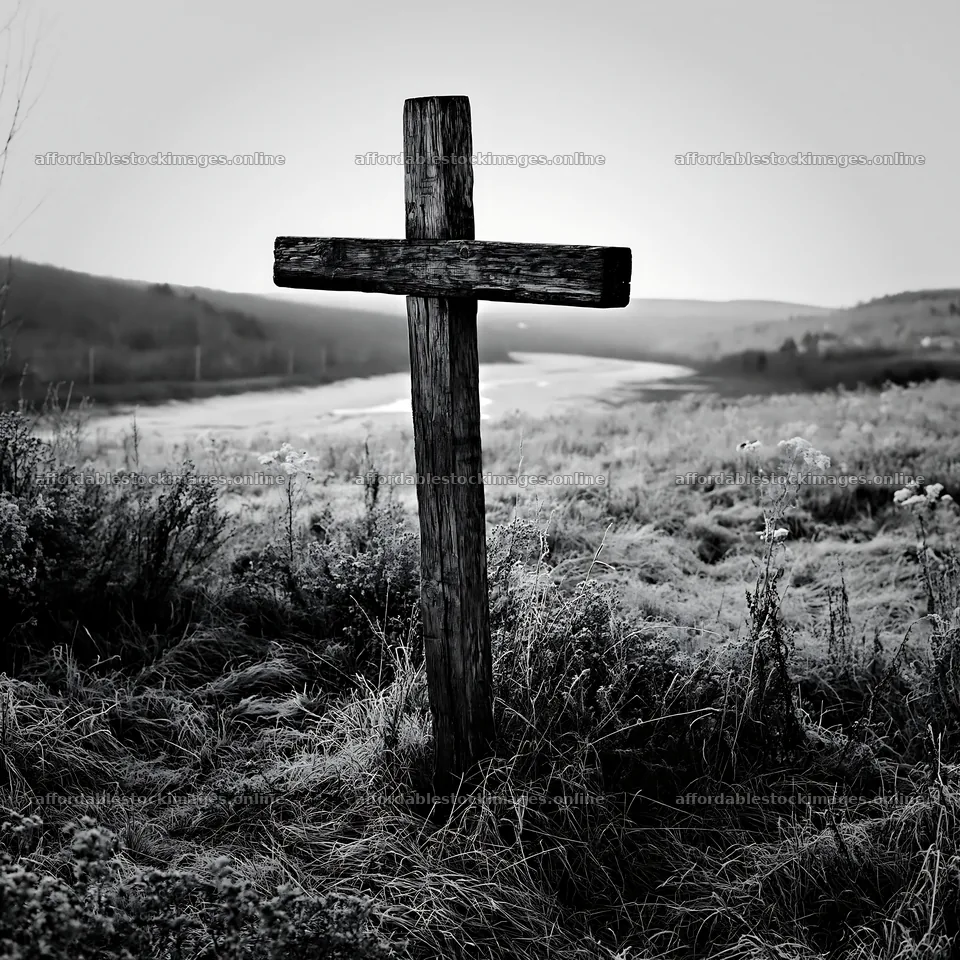 Christian cross on frost covered meadow in black and white – stock images 7938x7938