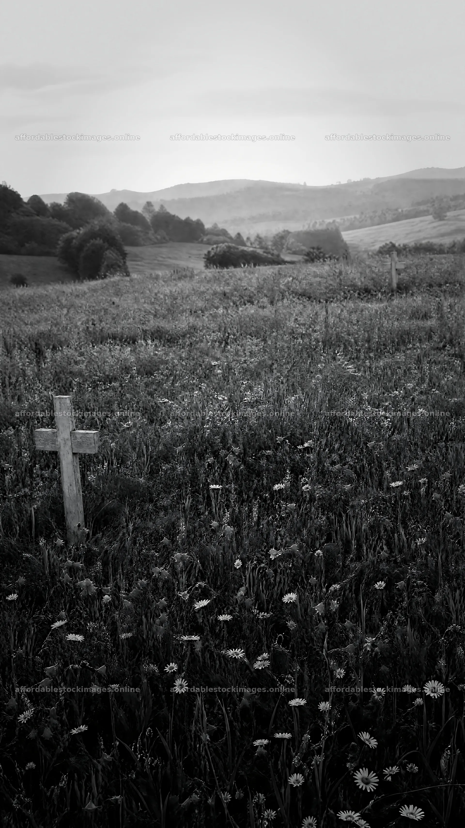 Christian crosses on rolling meadow during sunrise – stock images 5952x10584