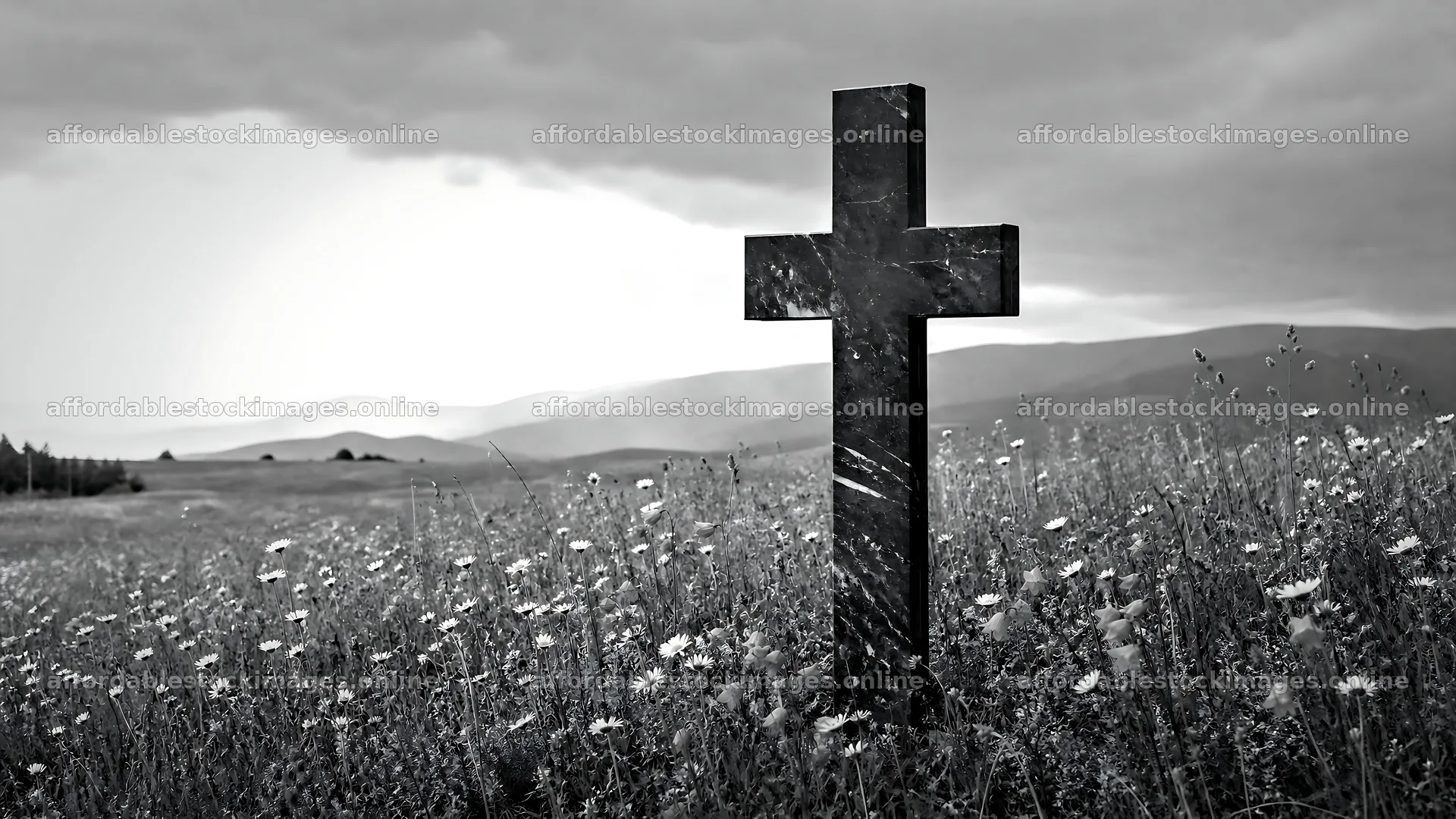 Marble Christian cross standing in a quiet meadow – stock images 10584x5952